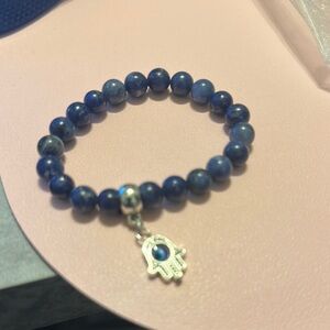 Blue Beaded Bracelet with Silver Hamsa Charm